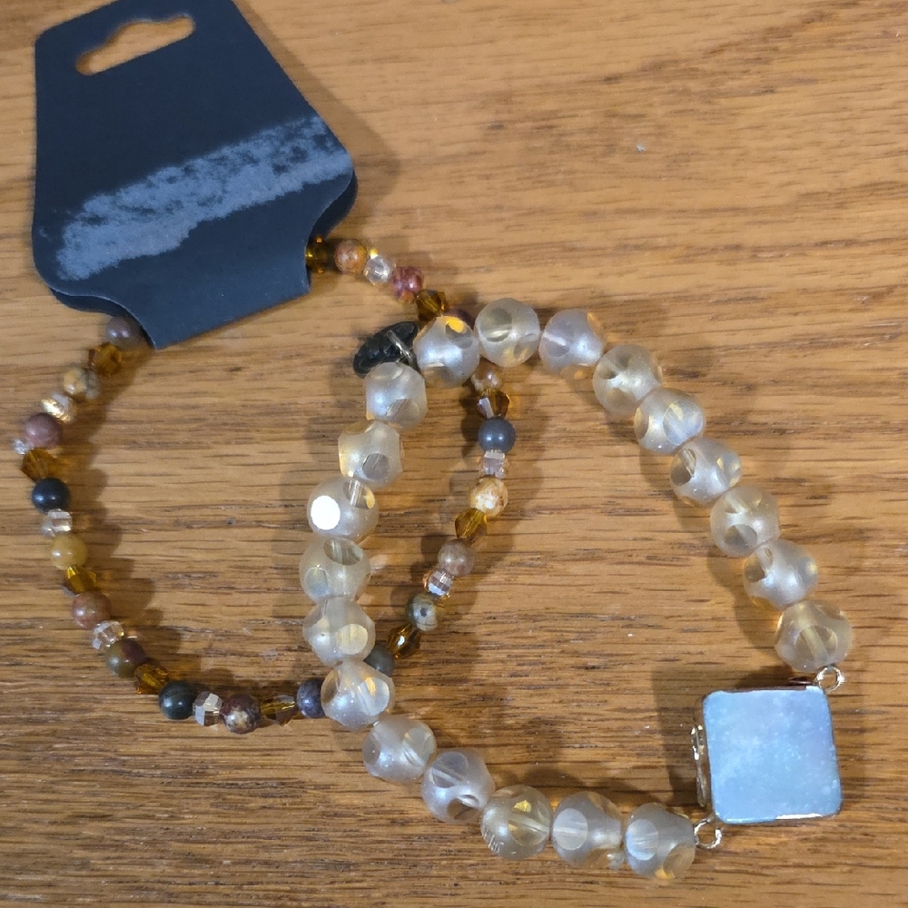 Beaded Stretch Bracelet Set with Square Opal Accent - Cream & Gold Tones